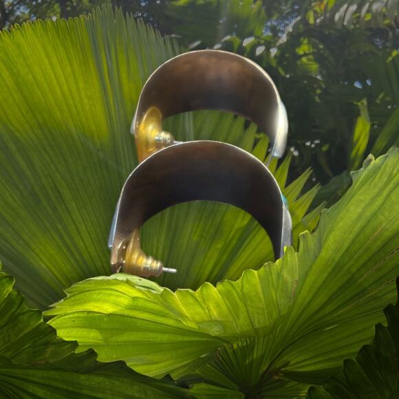 Vintage Sterling Silver Half Hoop Earrings with Multi Stone Cobblestone Inlay - Picture 2 of 5